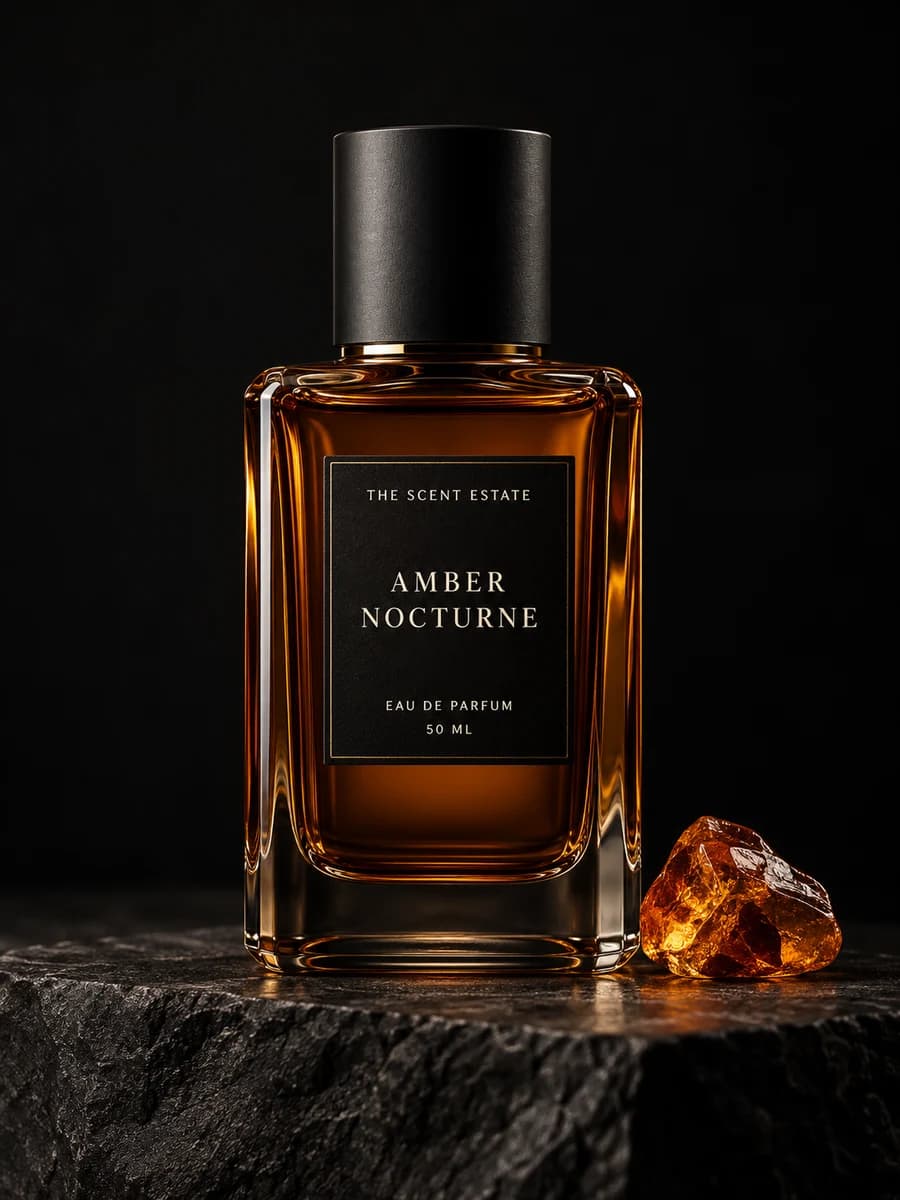 Amber Nocturne — The Scent Estate, 50 ml perfume bottle on black stone