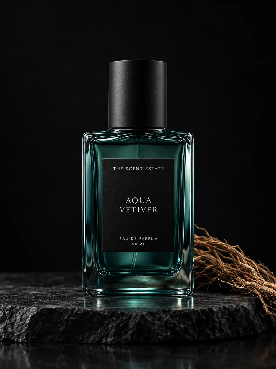 Aqua Vetiver — The Scent Estate, 50 ml perfume bottle on black stone