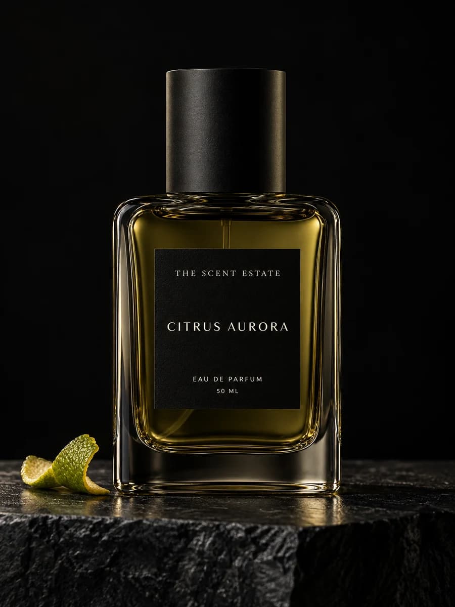 Citrus Aurora — The Scent Estate, 50 ml perfume bottle on black stone