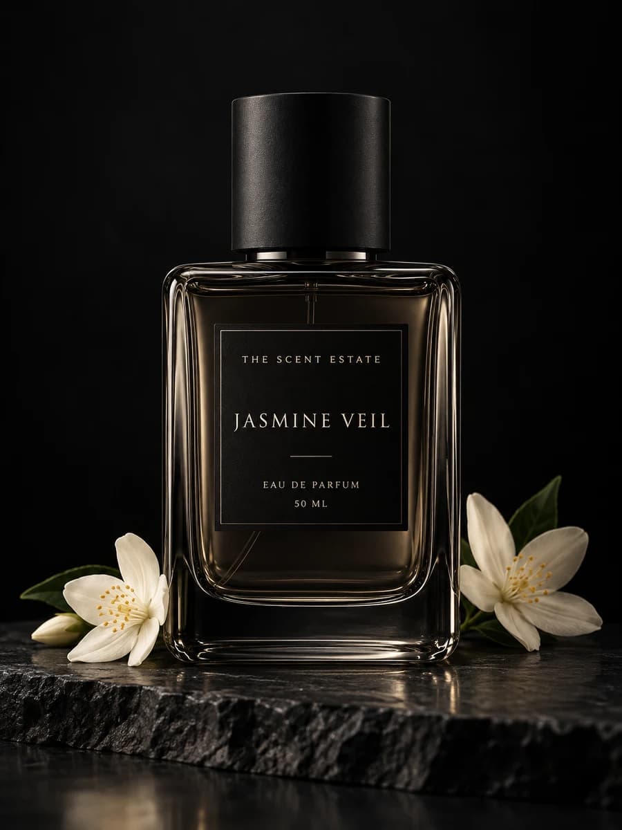 Jasmine Veil — The Scent Estate, 50 ml perfume bottle on black stone
