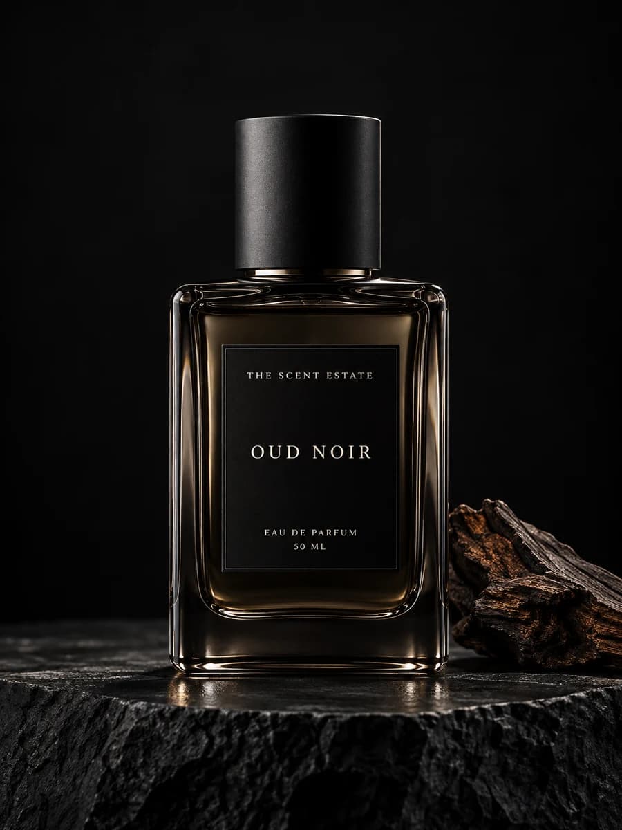 Oud Noir — The Scent Estate, 50 ml perfume bottle on black stone