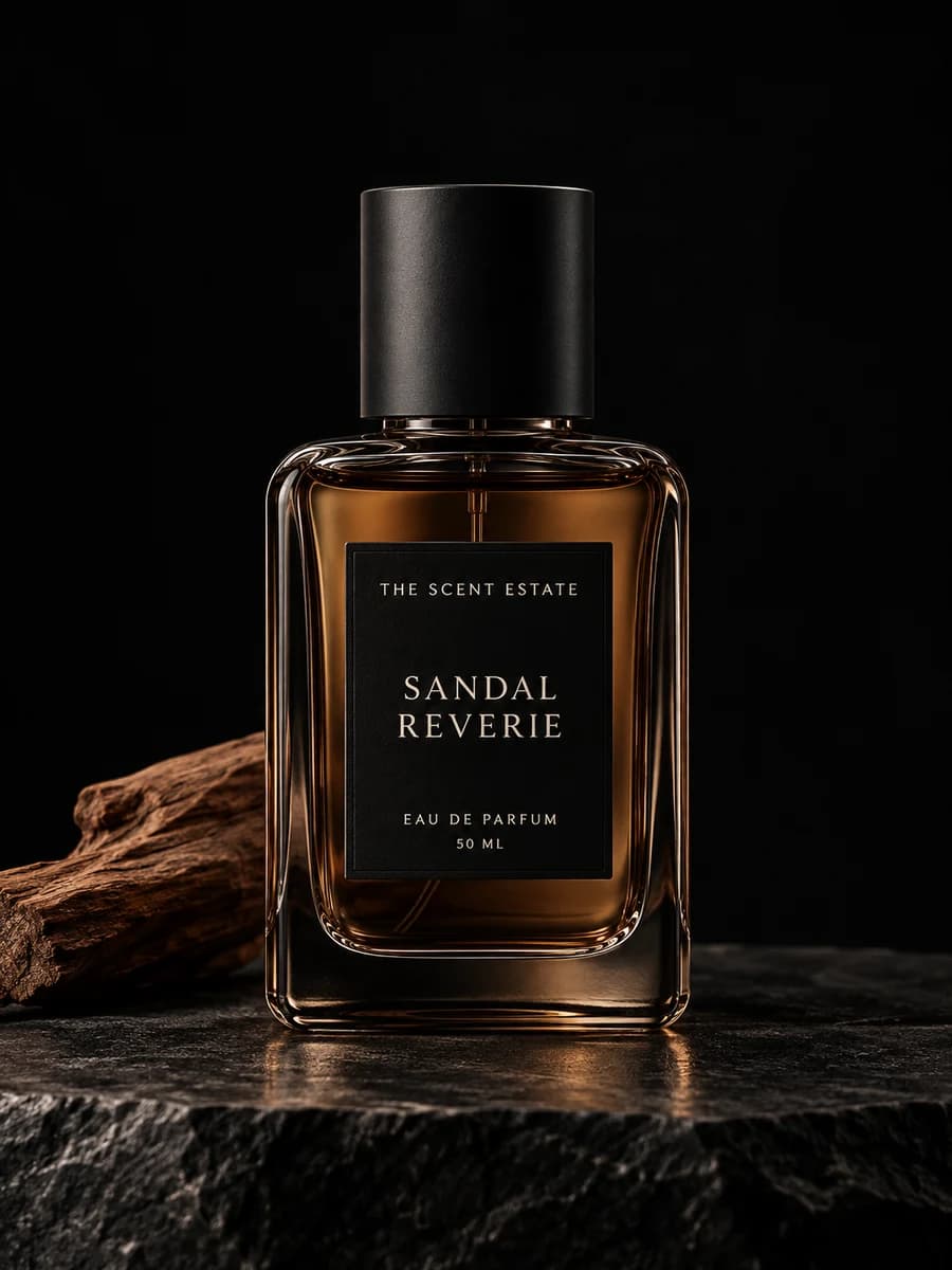 Sandal Reverie — The Scent Estate, 50 ml perfume bottle on black stone