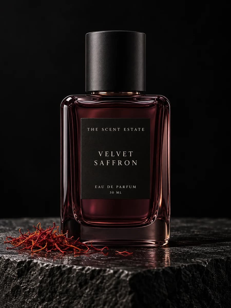 Velvet Saffron — The Scent Estate, 50 ml perfume bottle on black stone